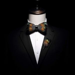 Mens Natural Feather Pre Tied Bow Tie & Lapel Pin
